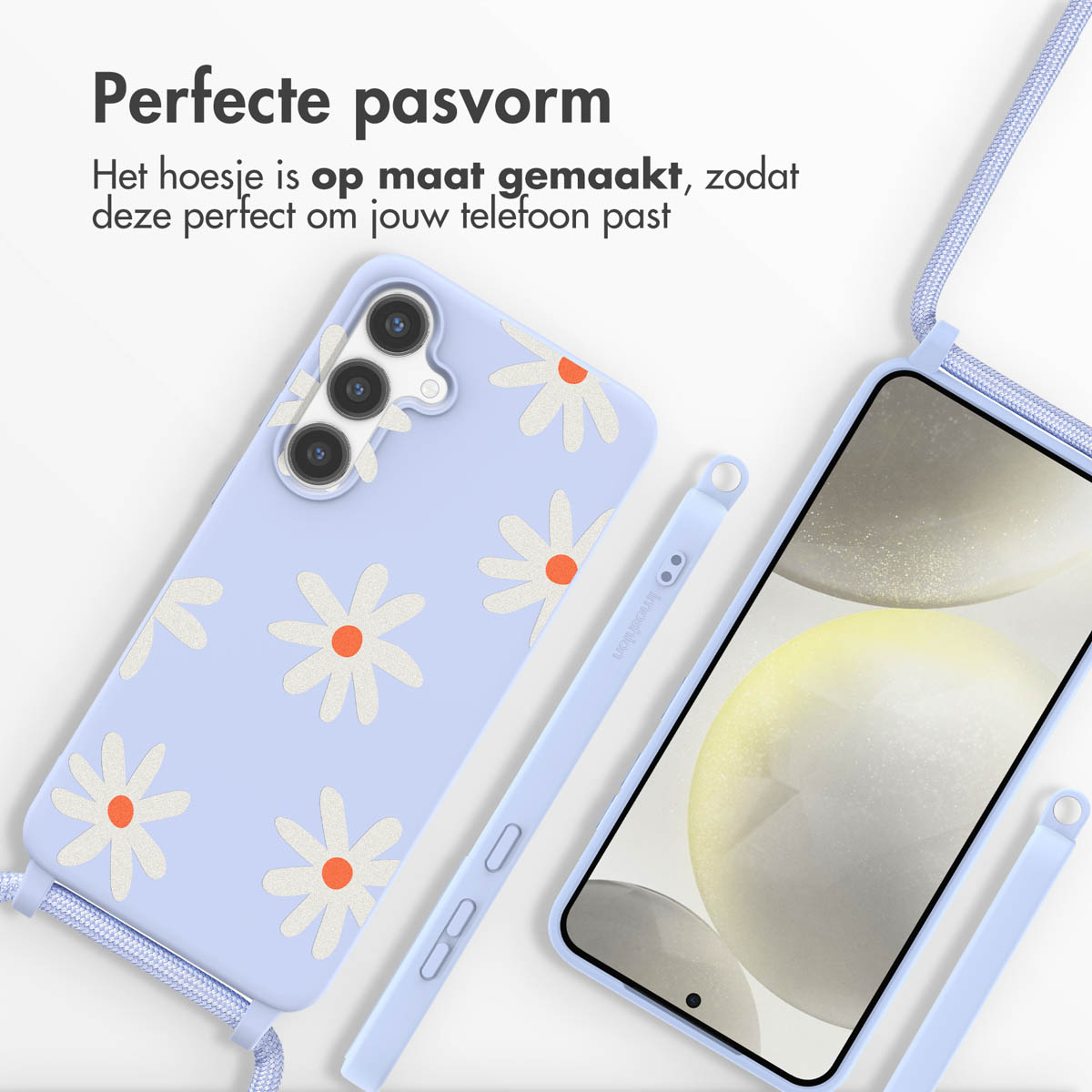Blauwe telefoonhoes met madeliefjesdesign. Blauwe band. Donker scherm. Witte achtergrond.