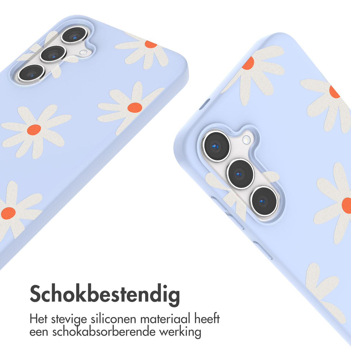 Lichtblauwe telefoonhoes met madeliefjespatroon. Twee hoesjes worden schuin getoond tegen een witte achtergrond.