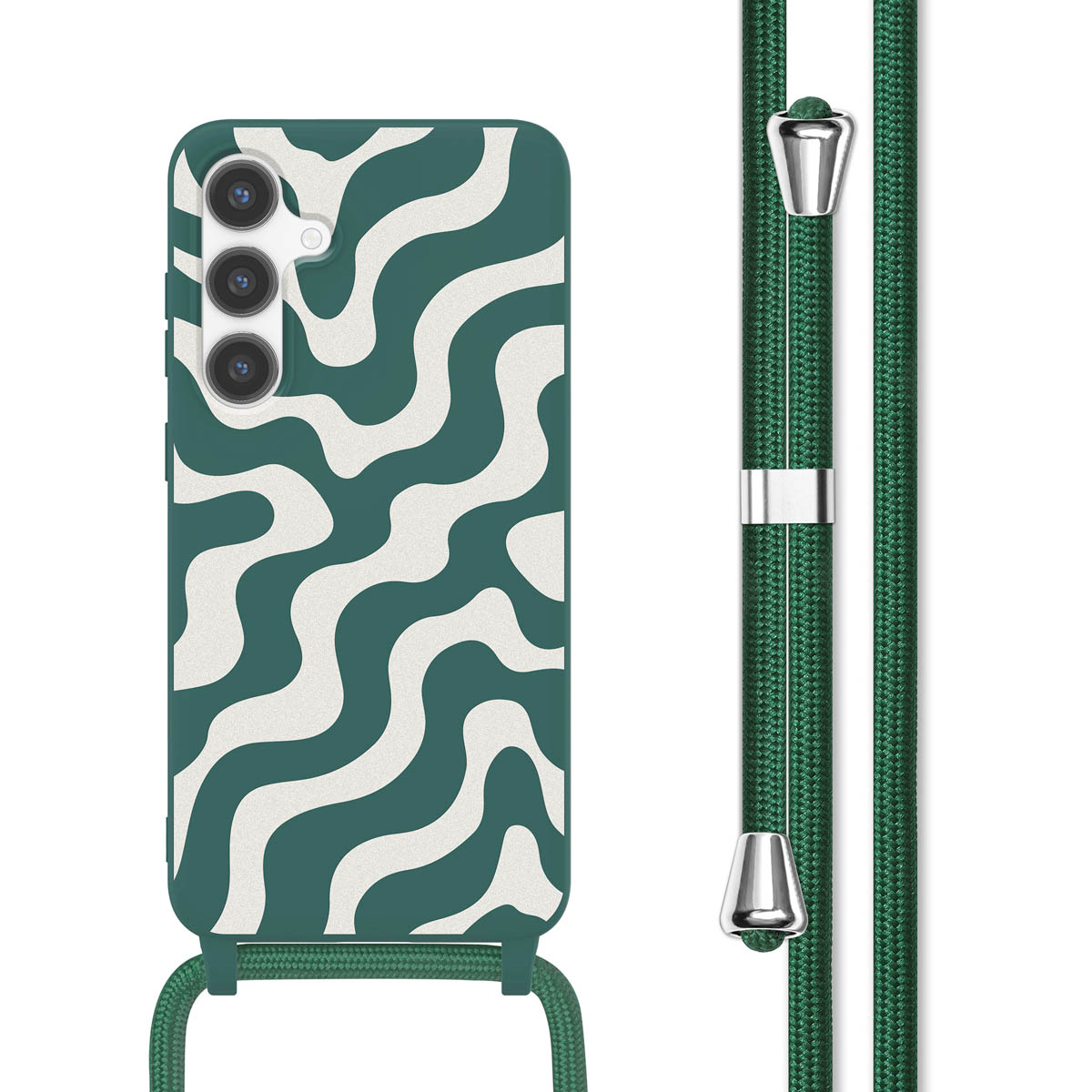 Groene telefoonhoes met golvend wit patroon en bijpassend groen koord.