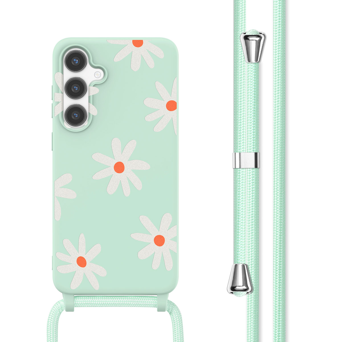 Een mintgroene telefoonhoes met witte madeliefpatronen. De hoes is bevestigd aan een mintgroene lanyard.