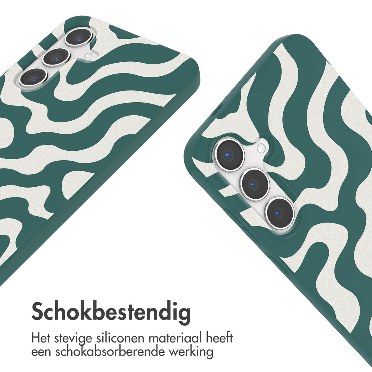 Een telefoonhoesje met een wervelontwerp. De hoes is groen, met witte wervels.