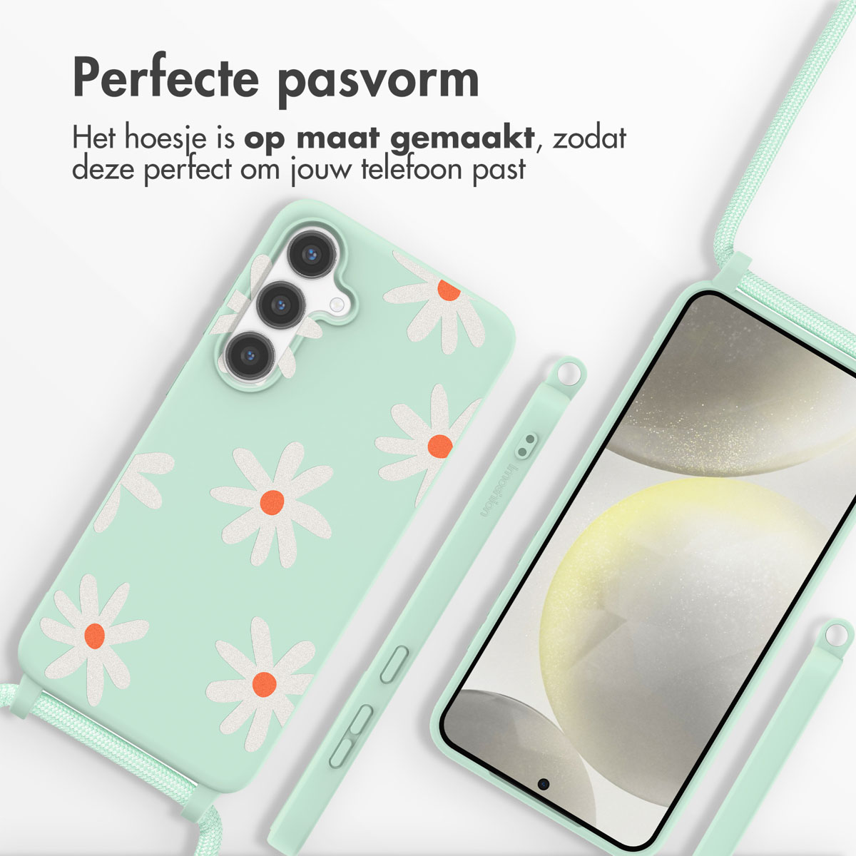 Mintgroene telefoonhoes met madeliefjesdesign. Mintgroene band. Donker scherm. Witte achtergrond.