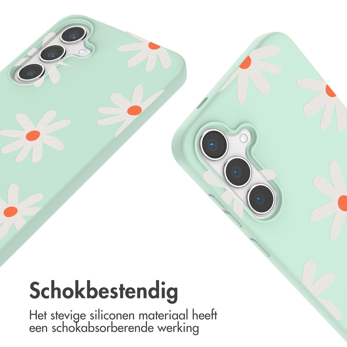 Mintgroen telefoonhoesje met madeliefpatroon. Twee hoesjes getoond.