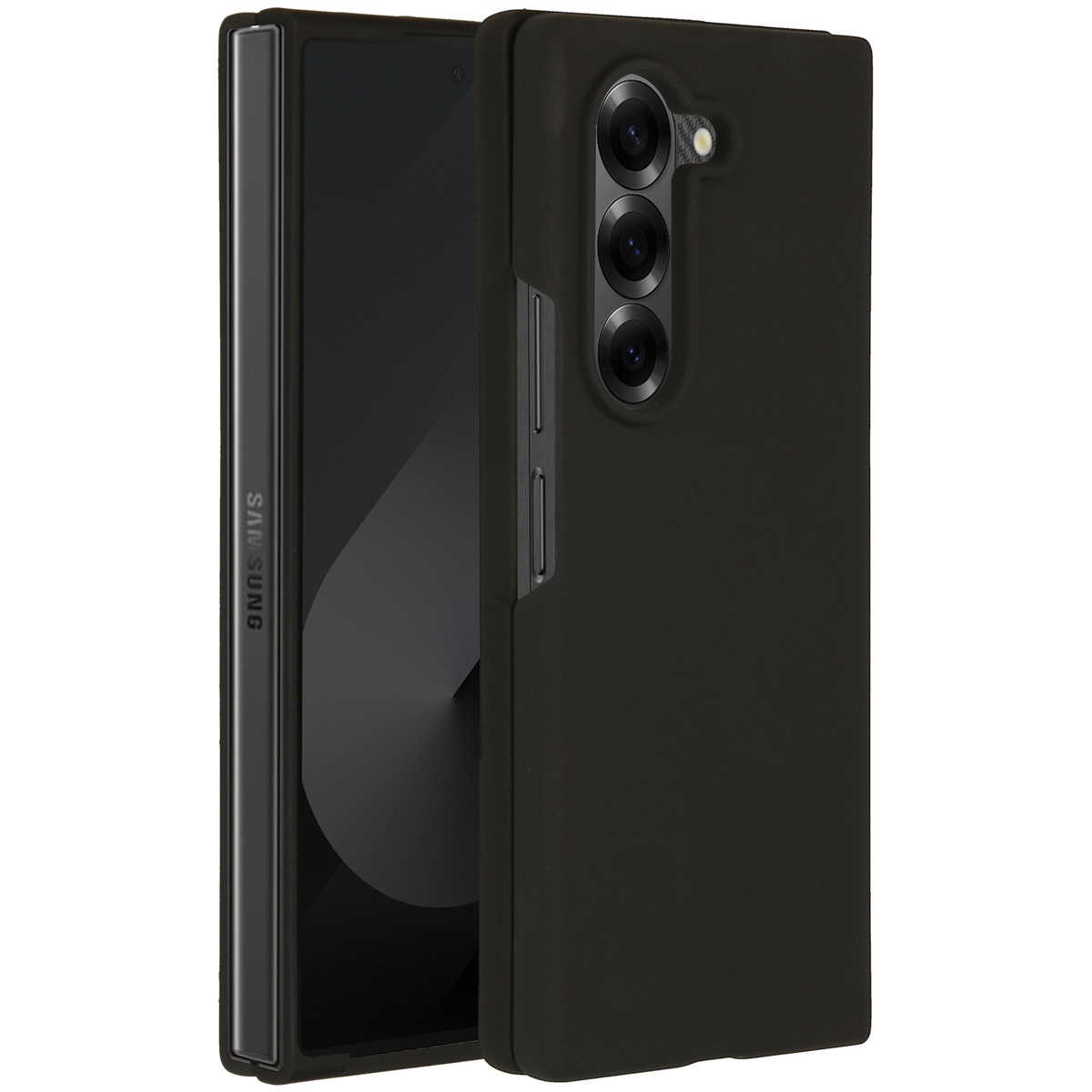 Una custodia per telefono nera con tre fotocamere e un logo Samsung.