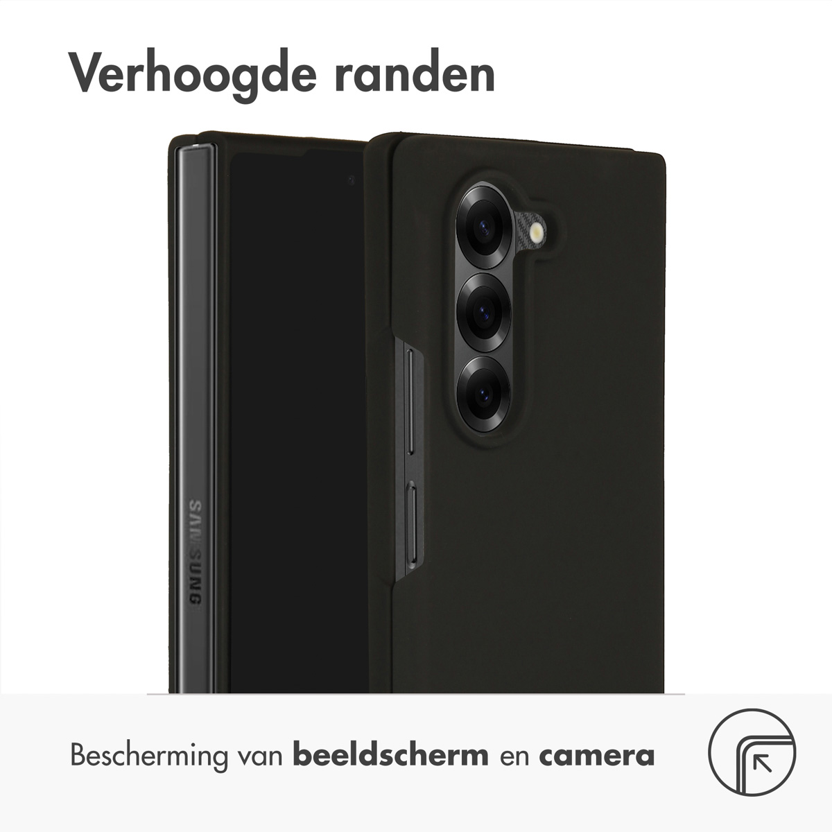 Custodia per telefono nera, con il logo Samsung e i dettagli della fotocamera.