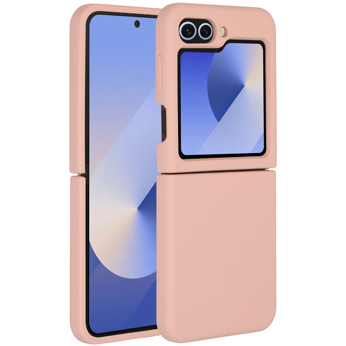 Coque de téléphone pliable rose, ouverte. L'écran du téléphone est visible.