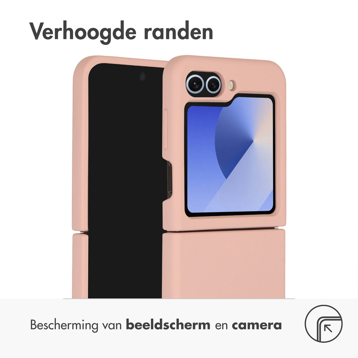 Une coque de téléphone rose en deux parties. Le fond dit 'Verhoogde randen', ce qui signifie 'Bords surélevés'.