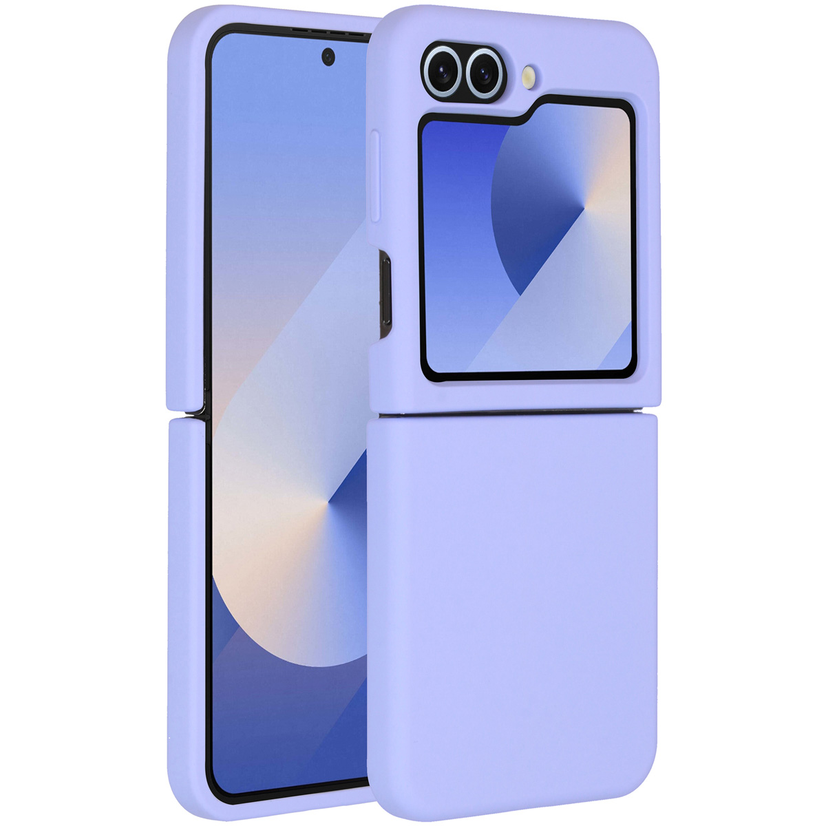Coque de téléphone violette avec écran rabattable et un téléphone.