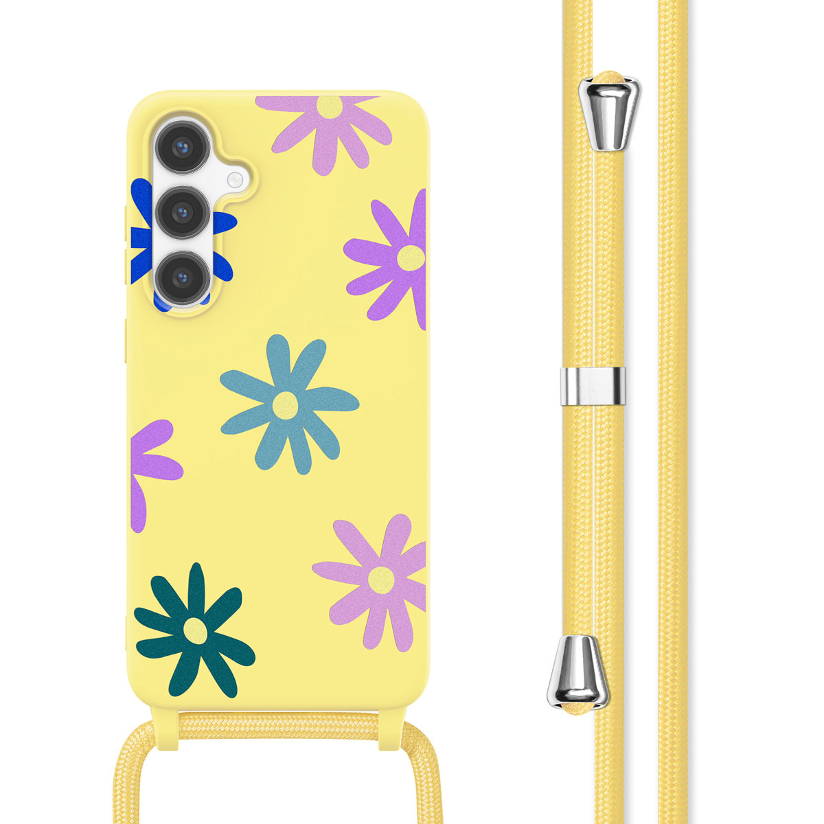 Gele telefoonhoes met bloemdesign. Telefoonhoes heeft een gele band. Telefoon toont een donker scherm.