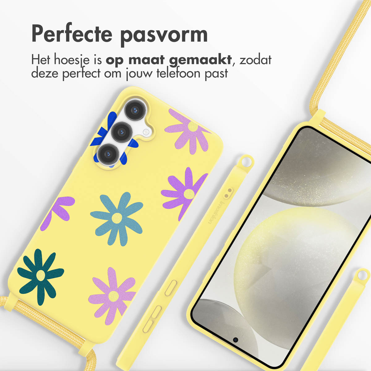 Gele telefoonhoes met een kleurrijk bloemdesign en een gele band.