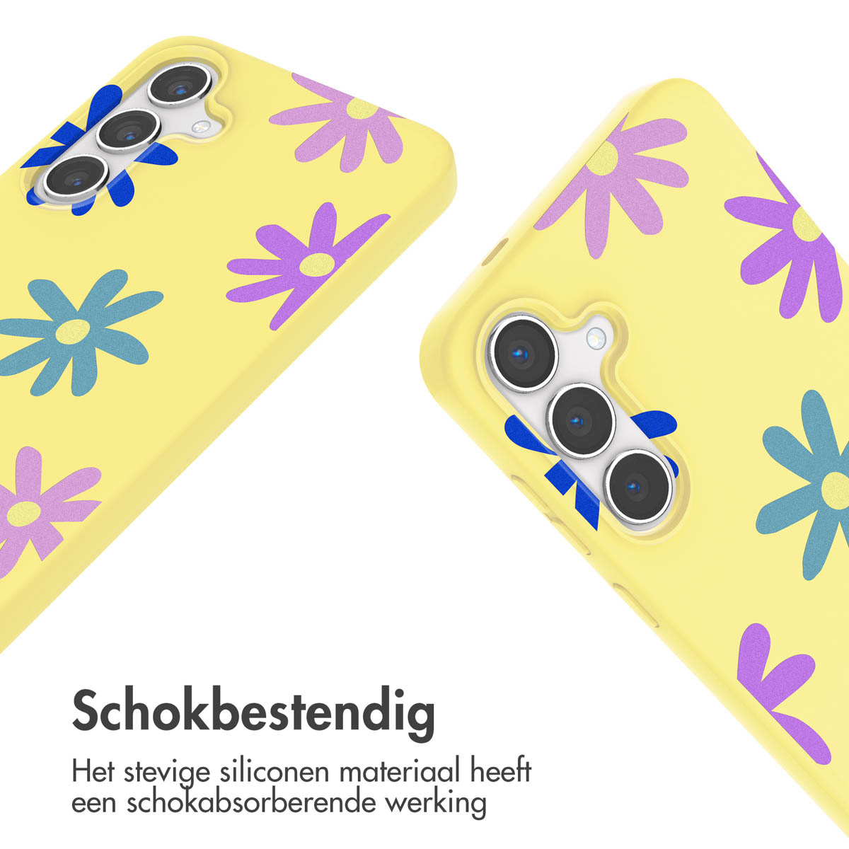 Gele telefoonhoesjes met paarse en blauwe bloemen. Tekst: 'Schokbestendig'.