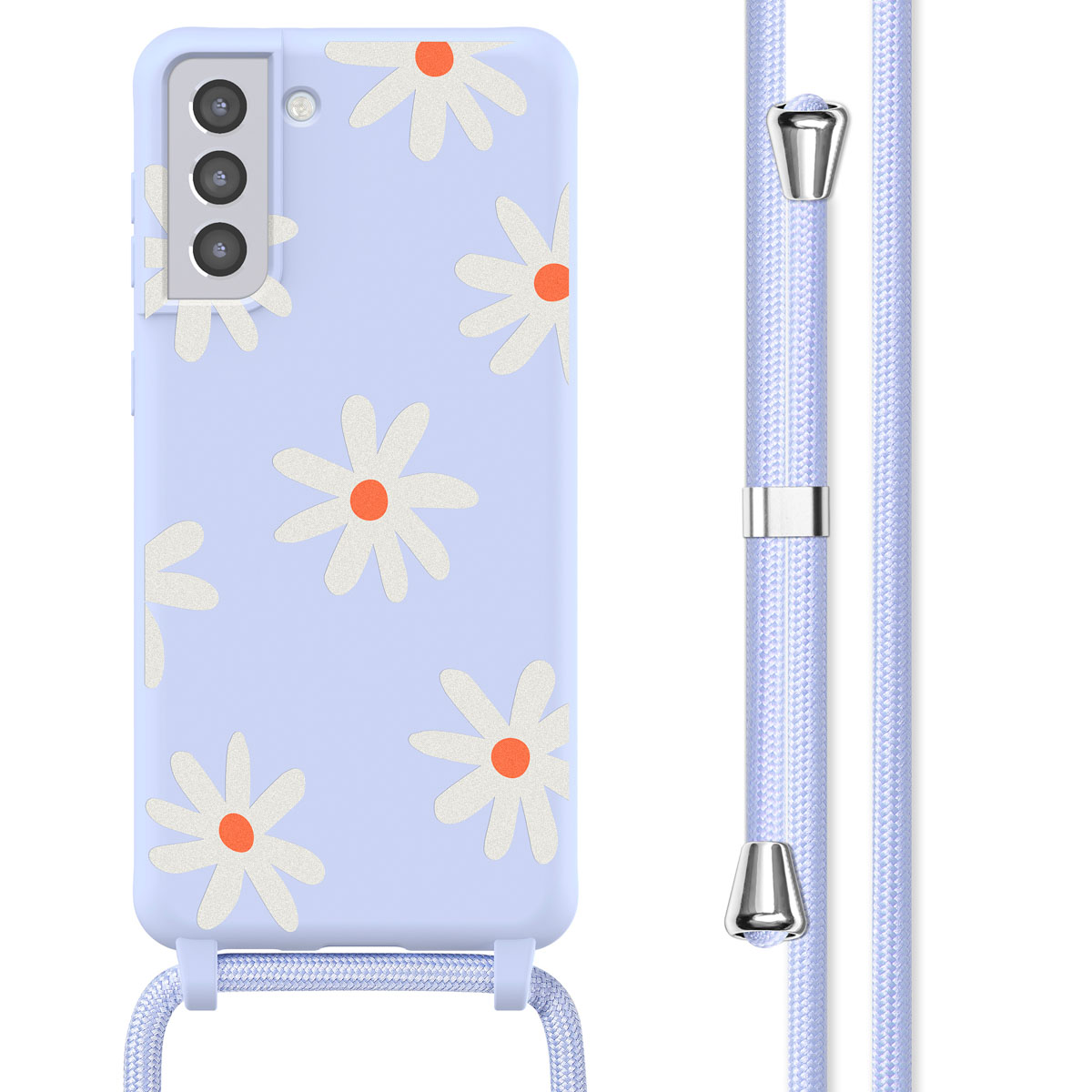 Una custodia per telefono azzurra con fiori di margherita bianchi e centro arancione.