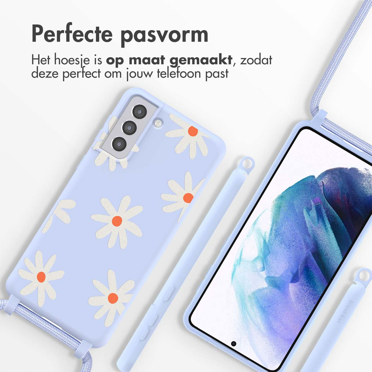 Custodia per telefono azzurra con motivo a margherite, telefono dentro. Lanyard allegato.
