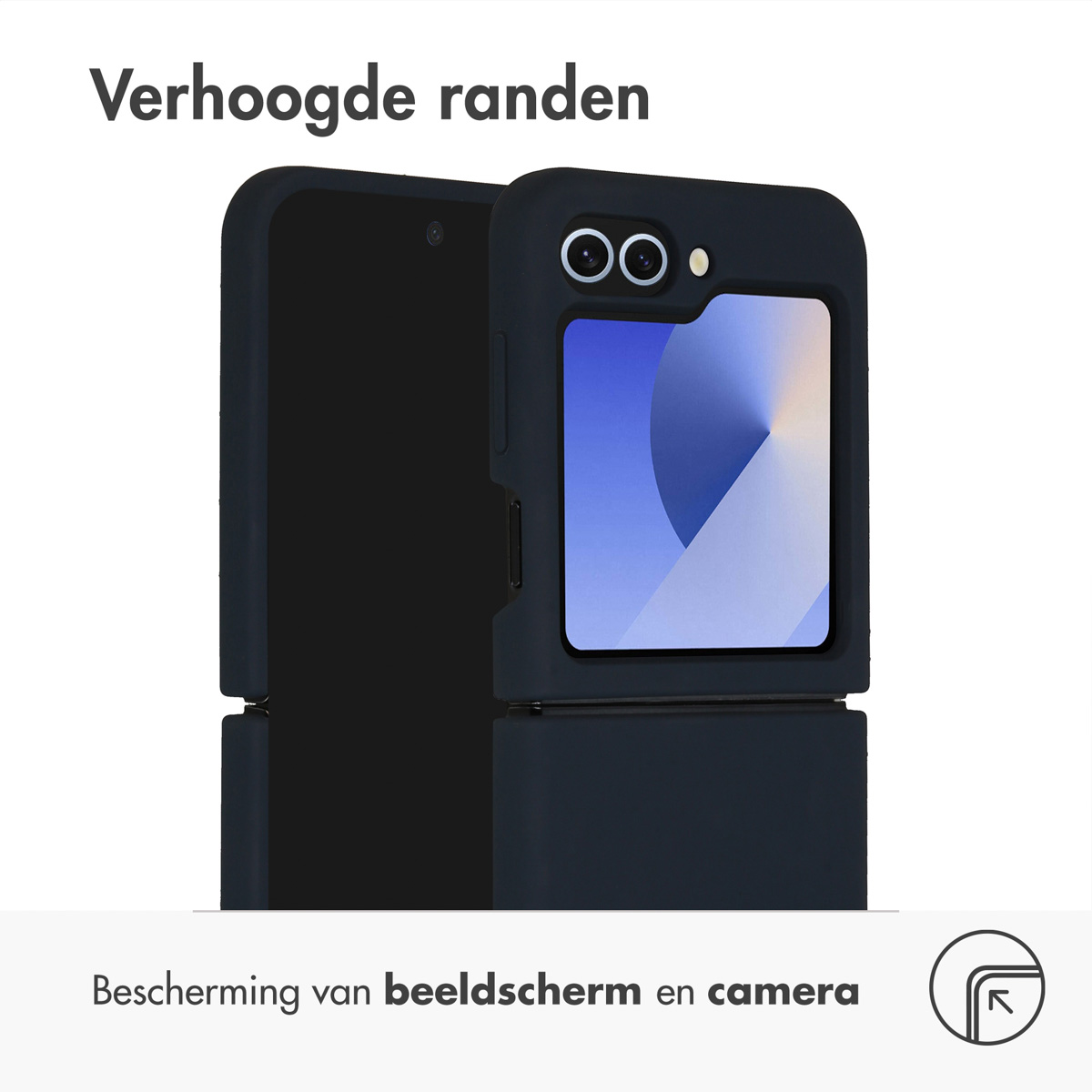 Donkerblauwe telefoonhoes die de telefoon beschermt. Scherm en camera zijn zichtbaar.