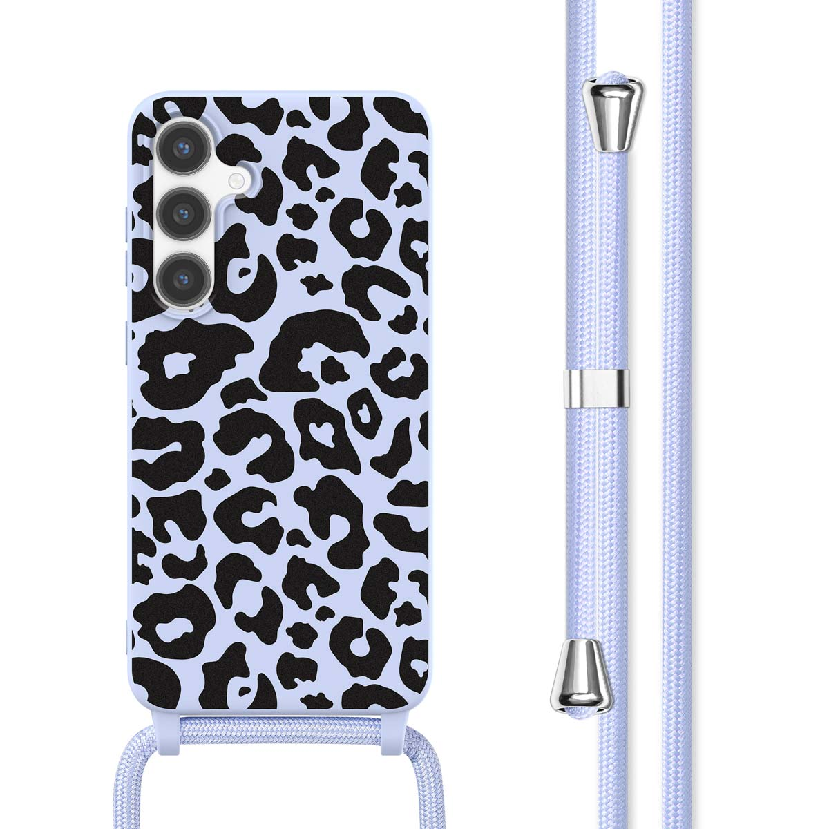 Een telefoonhoesje met een luipaardprint en een koord. Een telefoon zit in het hoesje.