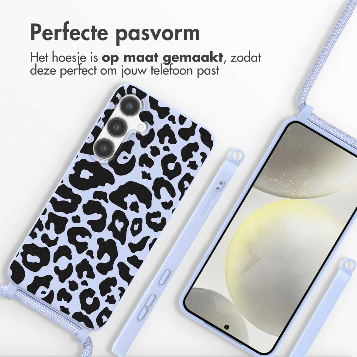 Blauwe hoes met luipaardprint, een blauw koord en een telefoon.