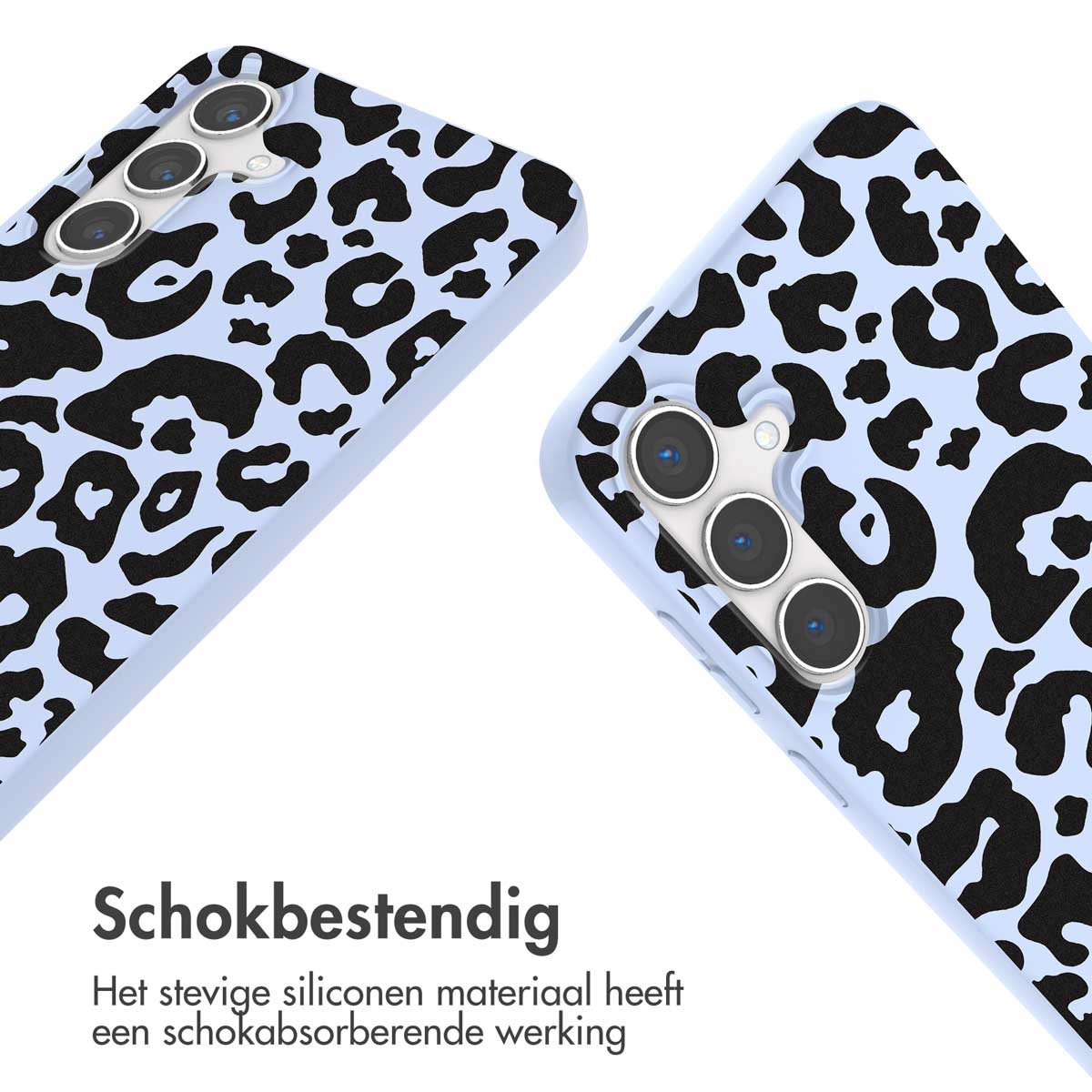 Lichtpaarse telefoonhoesjes met zwarte luipaardvlekken op een witte achtergrond.