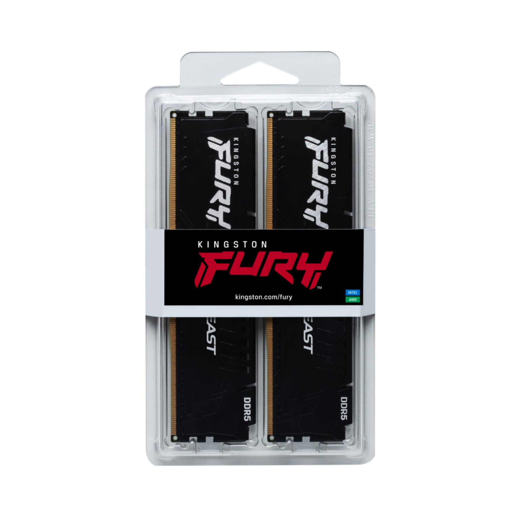 Opakowanie dwóch kości RAM DDR5 Kingston Fury Beast. Opakowanie jest przezroczyste, kości są czarne ze złotymi złączami.