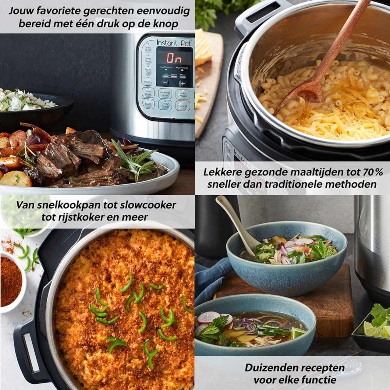 Afbeelding collage: Instant Pot, diverse gerechten. Tekst in het Nederlands, met afbeeldingen van eten en het apparaat.