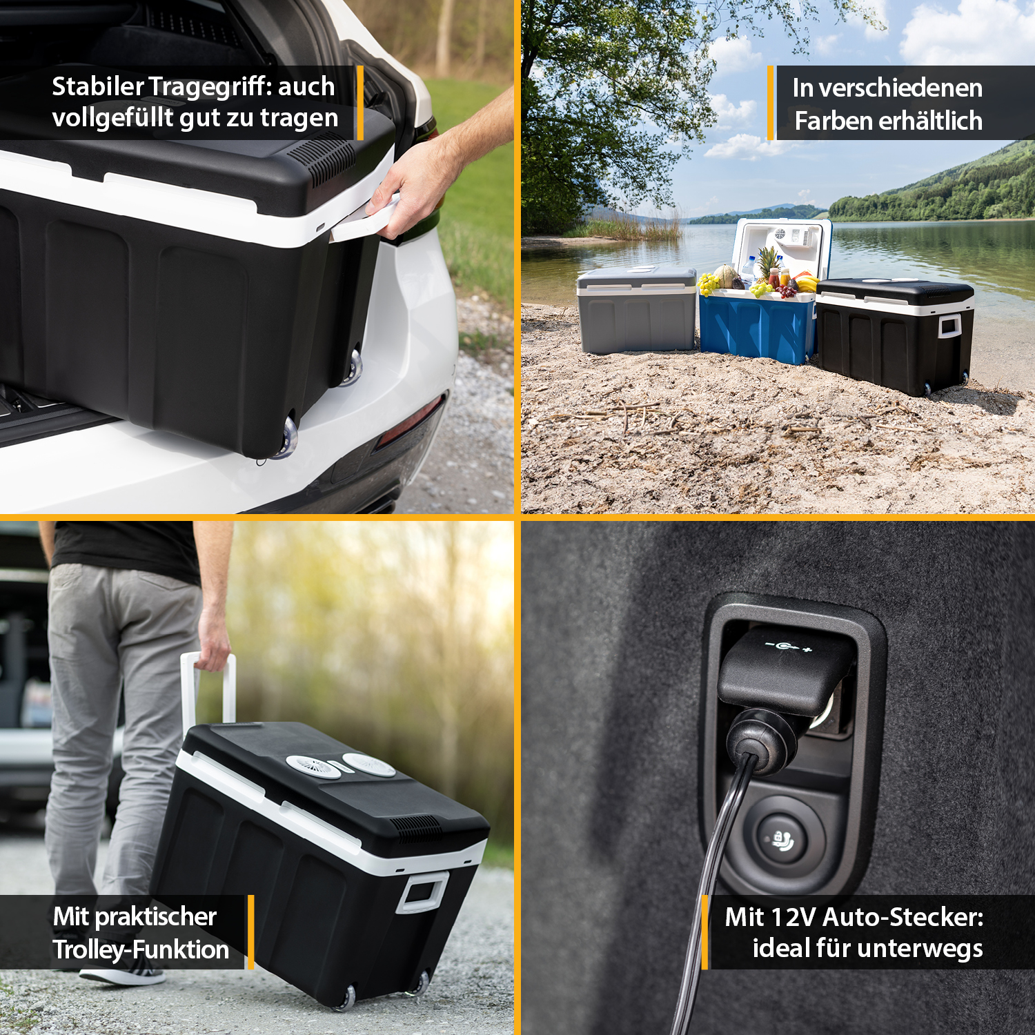 Mehrere Bilder zeigen eine Kühlbox mit Rädern, die in verschiedenen Umgebungen verwendet und an ein Auto angeschlossen wird.