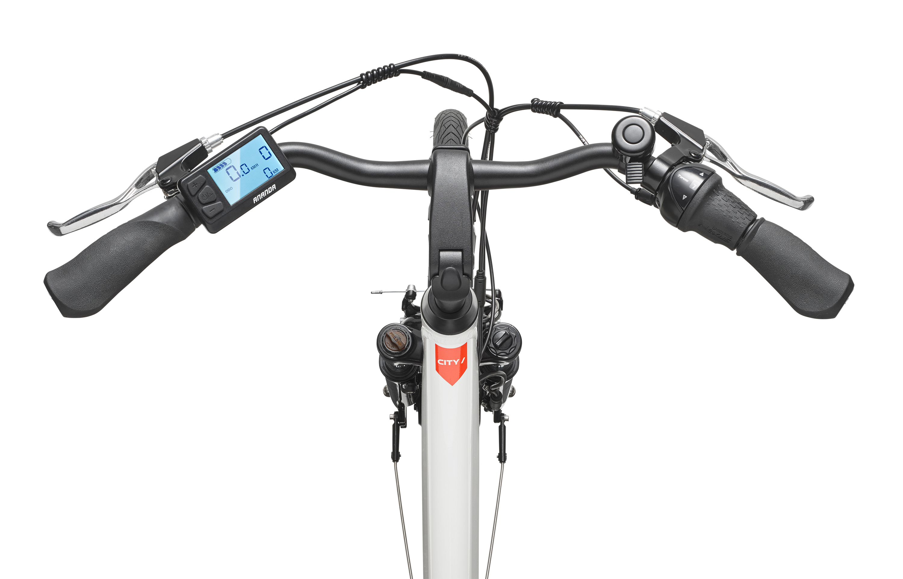 Draufsicht auf einen Fahrradlenker mit Bedienelementen und einem Digitaldisplay.