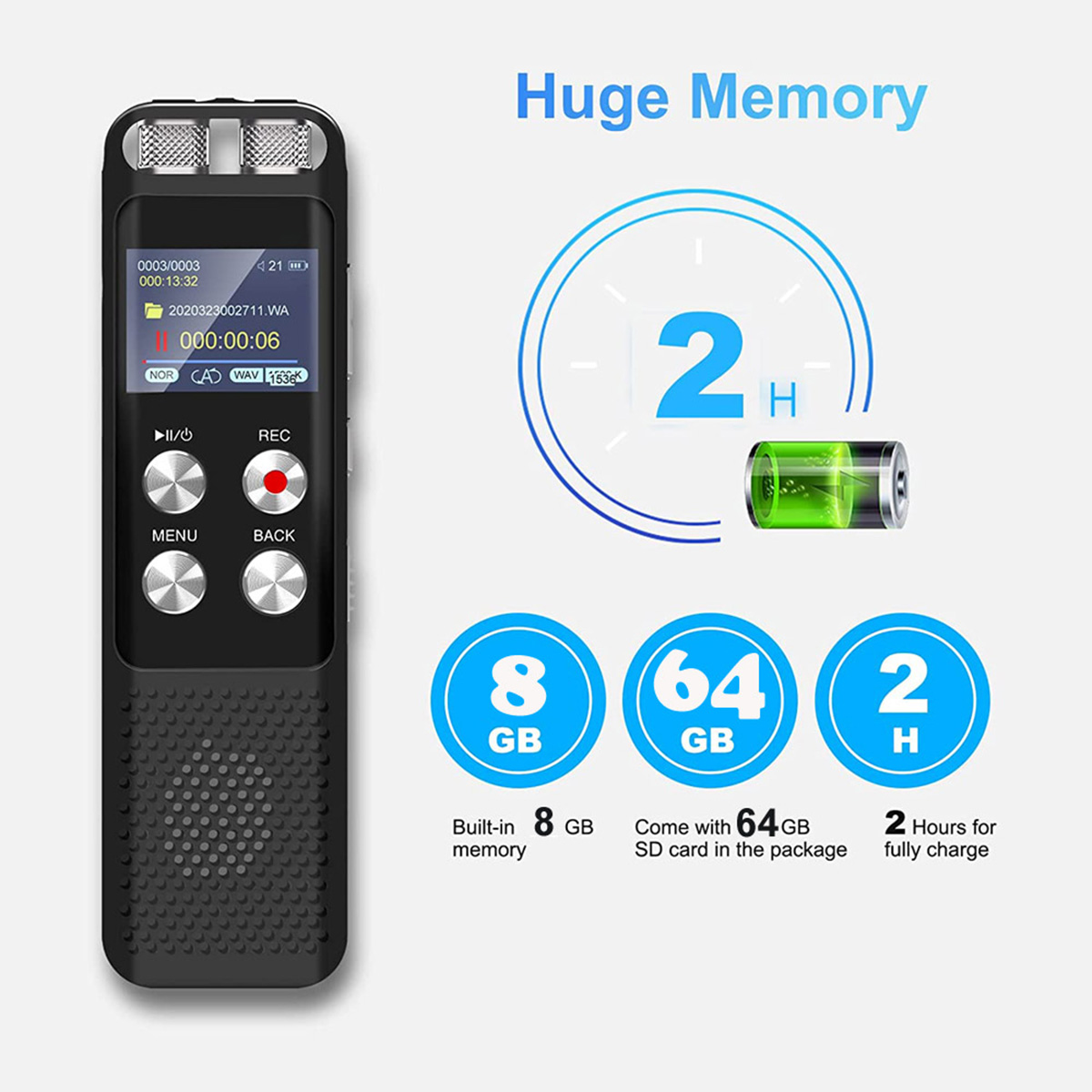 Schwarzes Aufnahmegerät mit Bildschirm, Tasten und Akkuanzeige. Hat 8GB/64GB Speicher und 2 Stunden Ladung.