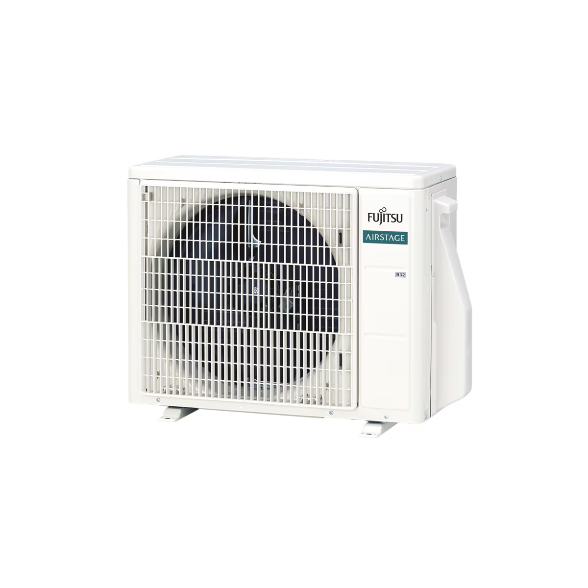 Unidad de aire acondicionado blanca sobre fondo blanco. La unidad tiene un ventilador.