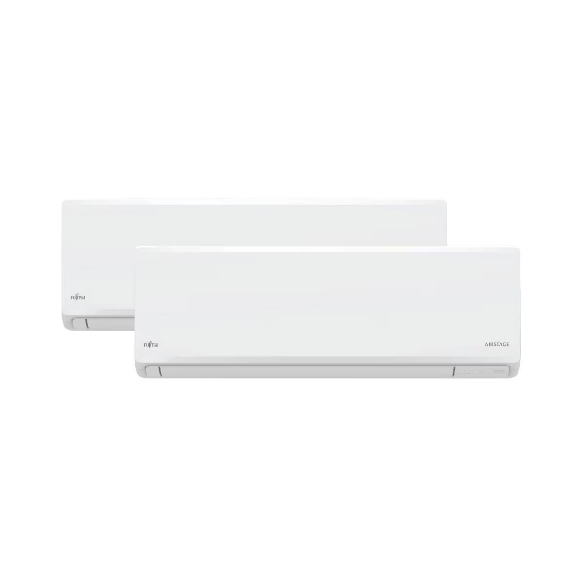 Dos unidades de aire acondicionado Fujitsu blancas lado a lado. Fondo blanco.