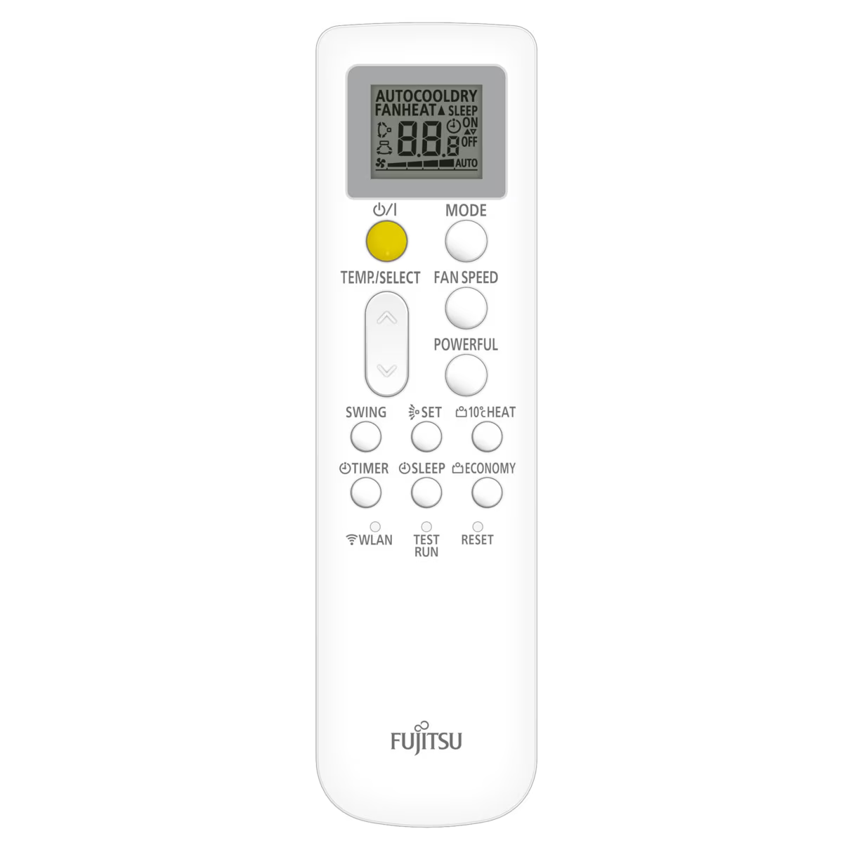 Mando a distancia blanco de aire acondicionado Fujitsu con botones y pantalla pequeña.