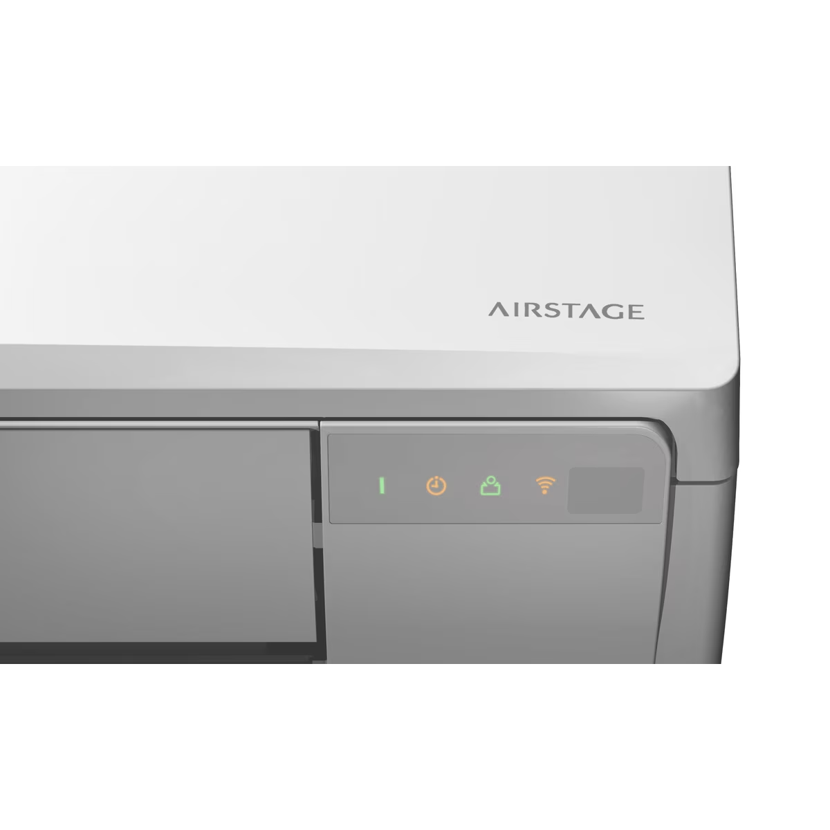 Primer plano de un aire acondicionado AirStage blanco. El panel de control tiene luces indicadoras. Diseño gris y blanco.