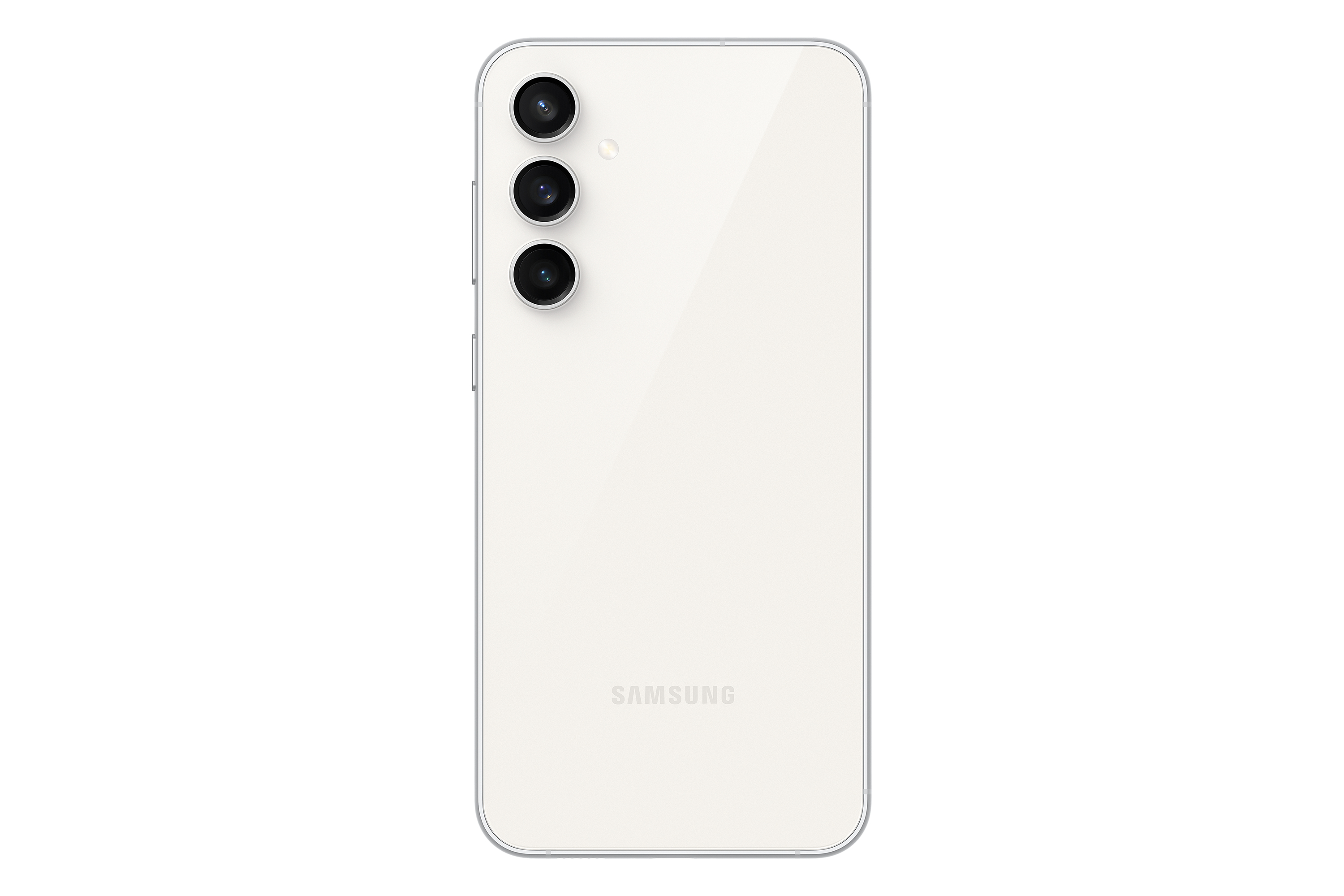 Tył białego telefonu z trzema aparatami, logo Samsung.
