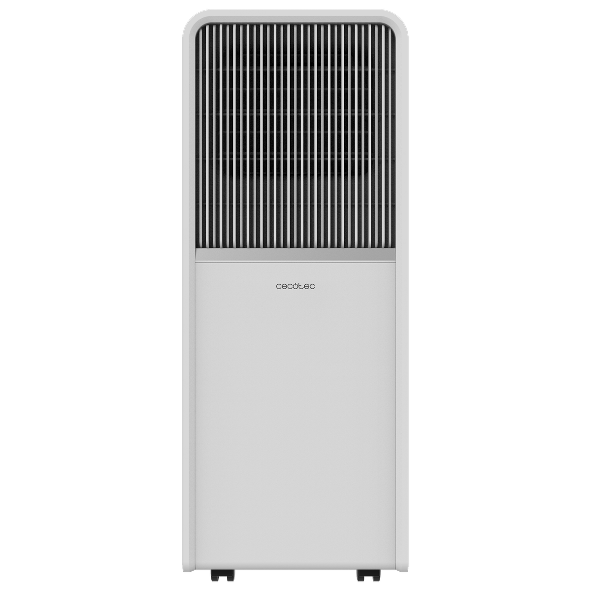 Biały oczyszczacz powietrza z czarnymi pionowymi żaluzjami, czarną podstawą i kółkami.