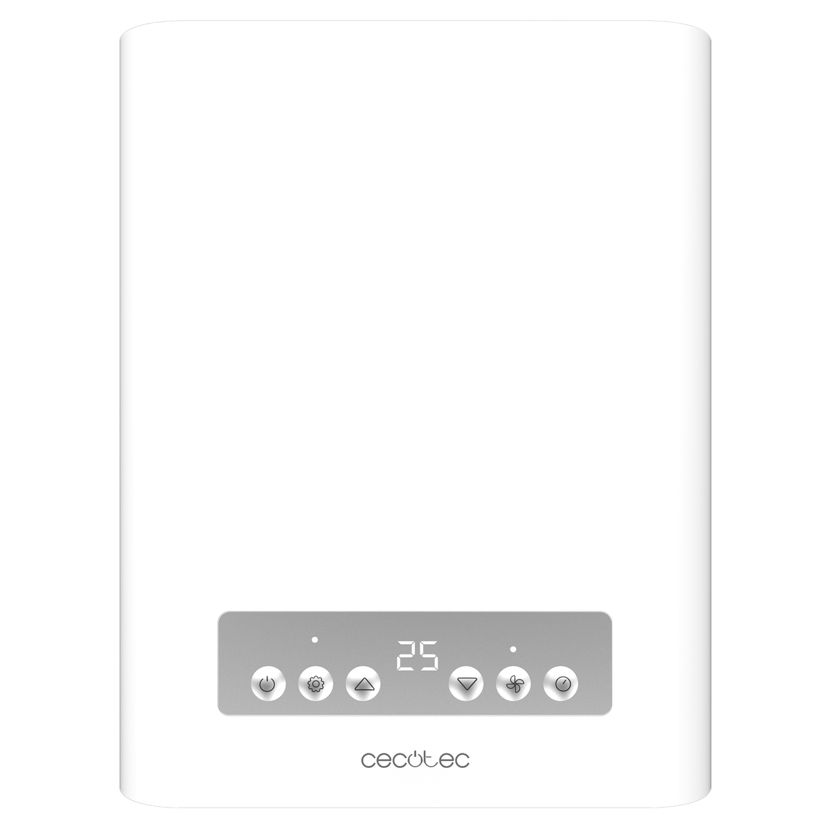 Biały, montowany na ścianie podgrzewacz wody CECOTEC z cyfrowym wyświetlaczem i przyciskami sterowania.