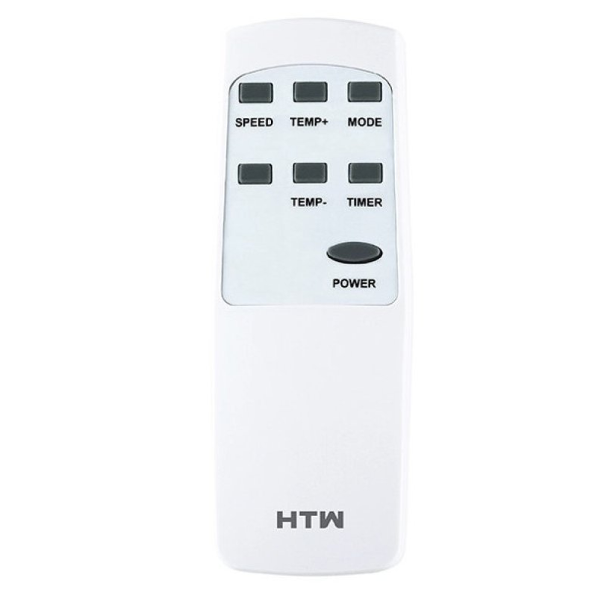 Mando a distancia blanco con botones para velocidad, temperatura, modo, temporizador y encendido.
