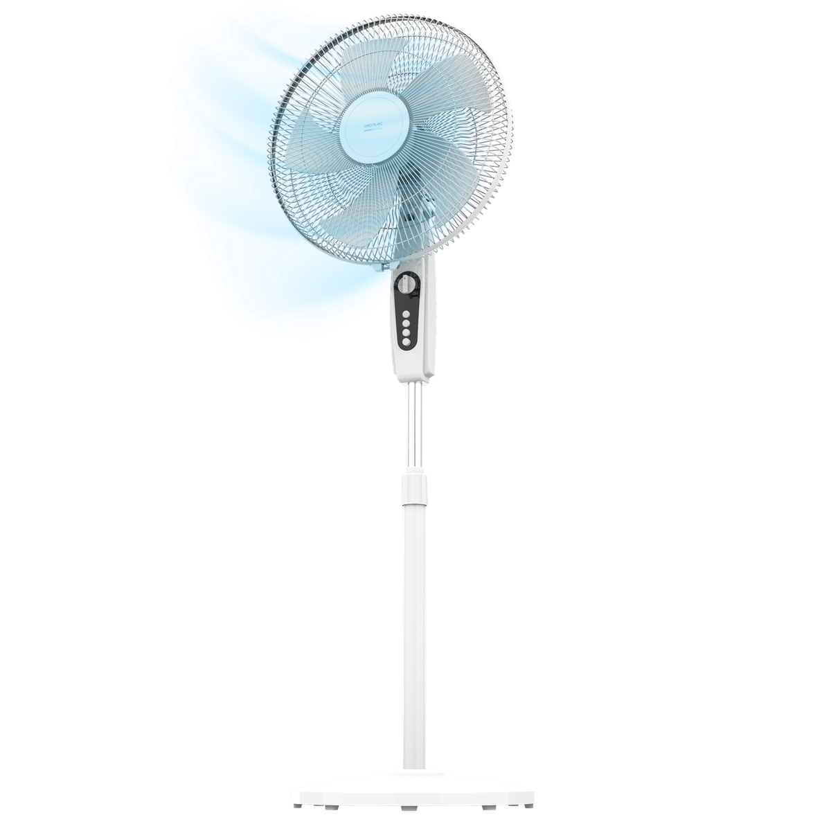 Biały wentylator stojący. Ma okrągłą głowicę wentylatora i białą podstawę.