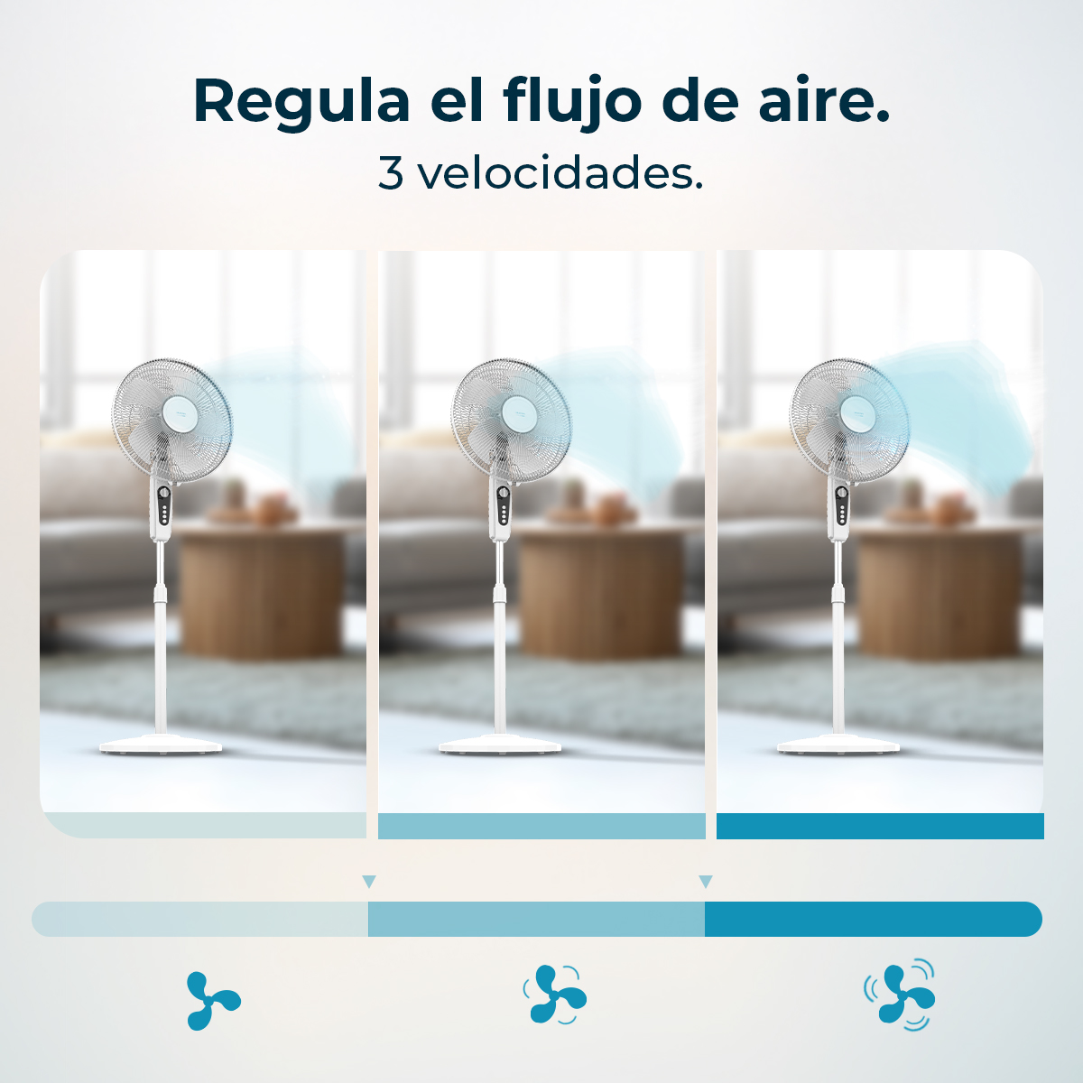 Trzy białe wentylatory z niebieskimi grafikami przepływu powietrza, wskazujące poziomy prędkości. Tło: salon.
