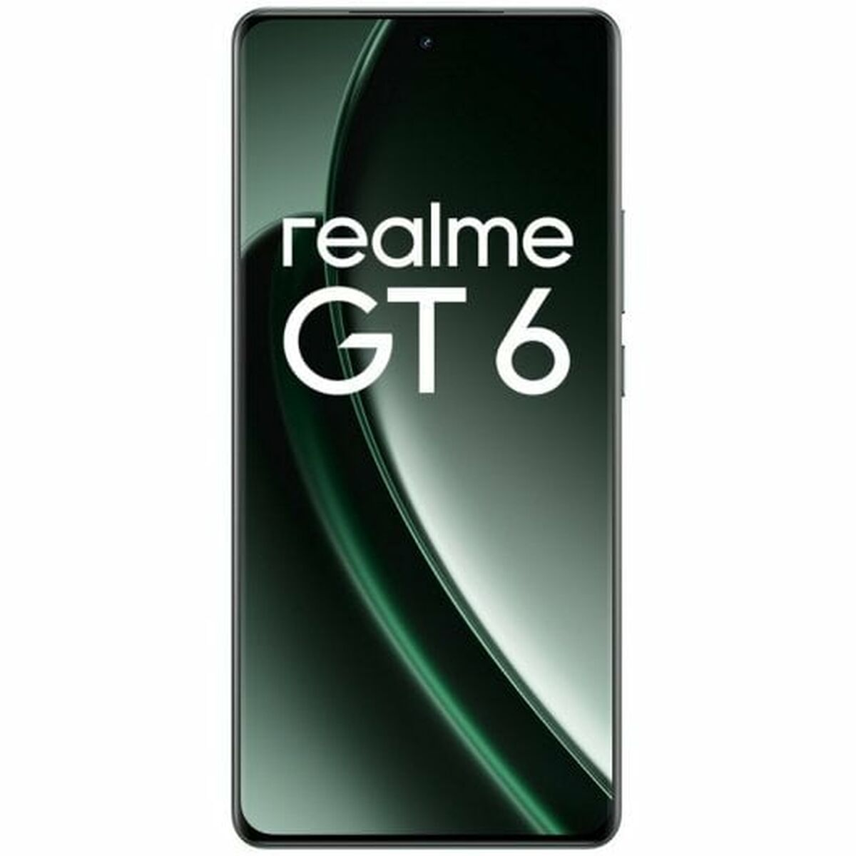 Smartphone Realme GT 6 su bianco. Schermo mostra logo Realme GT 6.