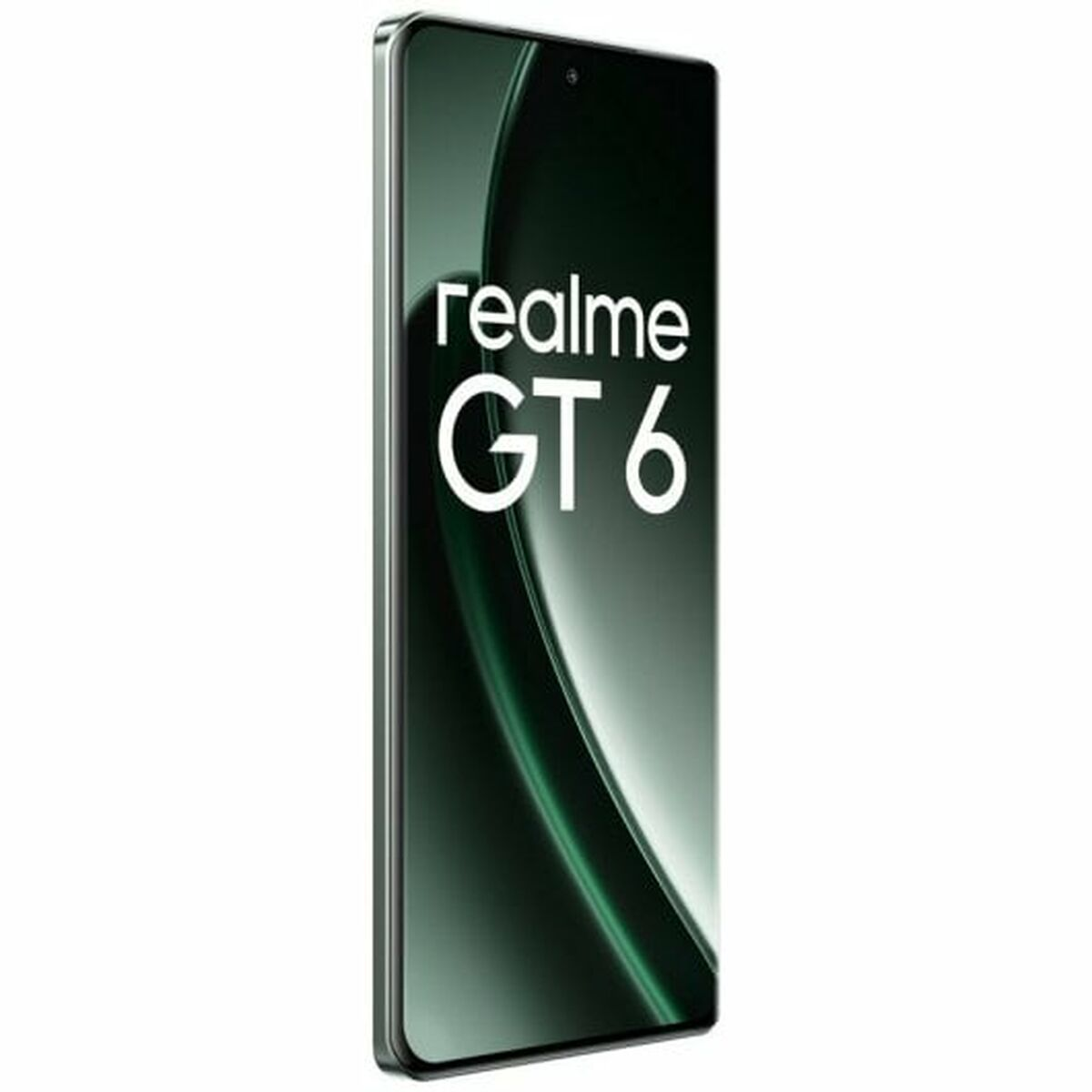 Smartphone Realme GT 6, retro con gradiente verde, testo bianco sullo schermo.