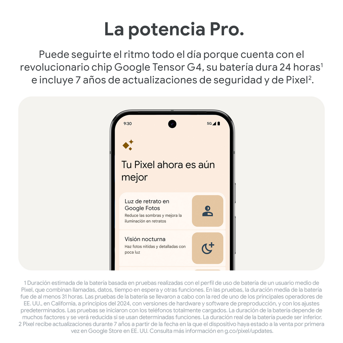 Ekran telefonu z funkcjami Pixel. Hiszpański tekst promuje Google Tensor i żywotność baterii.