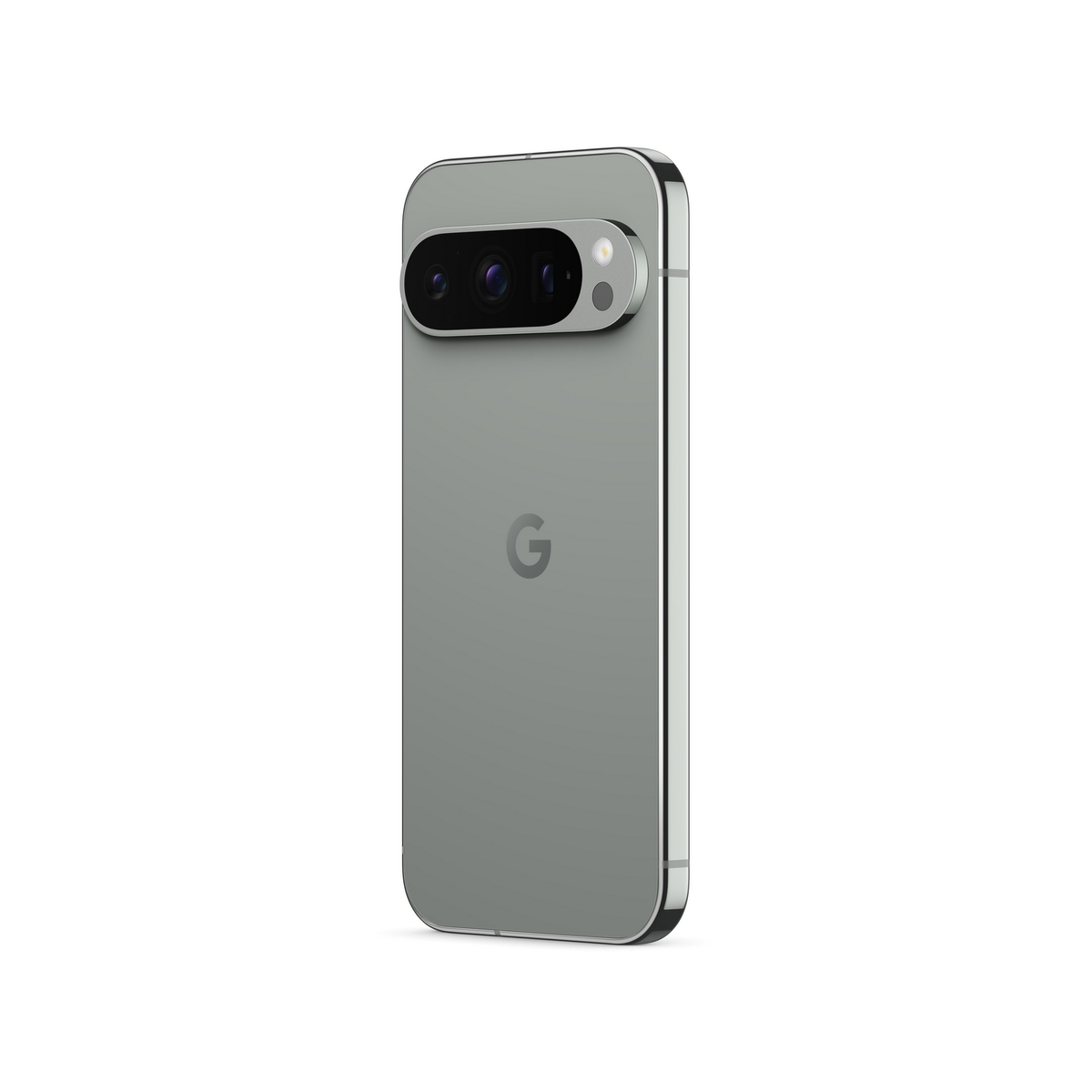 Telefon Google Pixel 7 Pro. Szary tył z czarnym paskiem aparatu. Srebrna ramka. Białe tło.