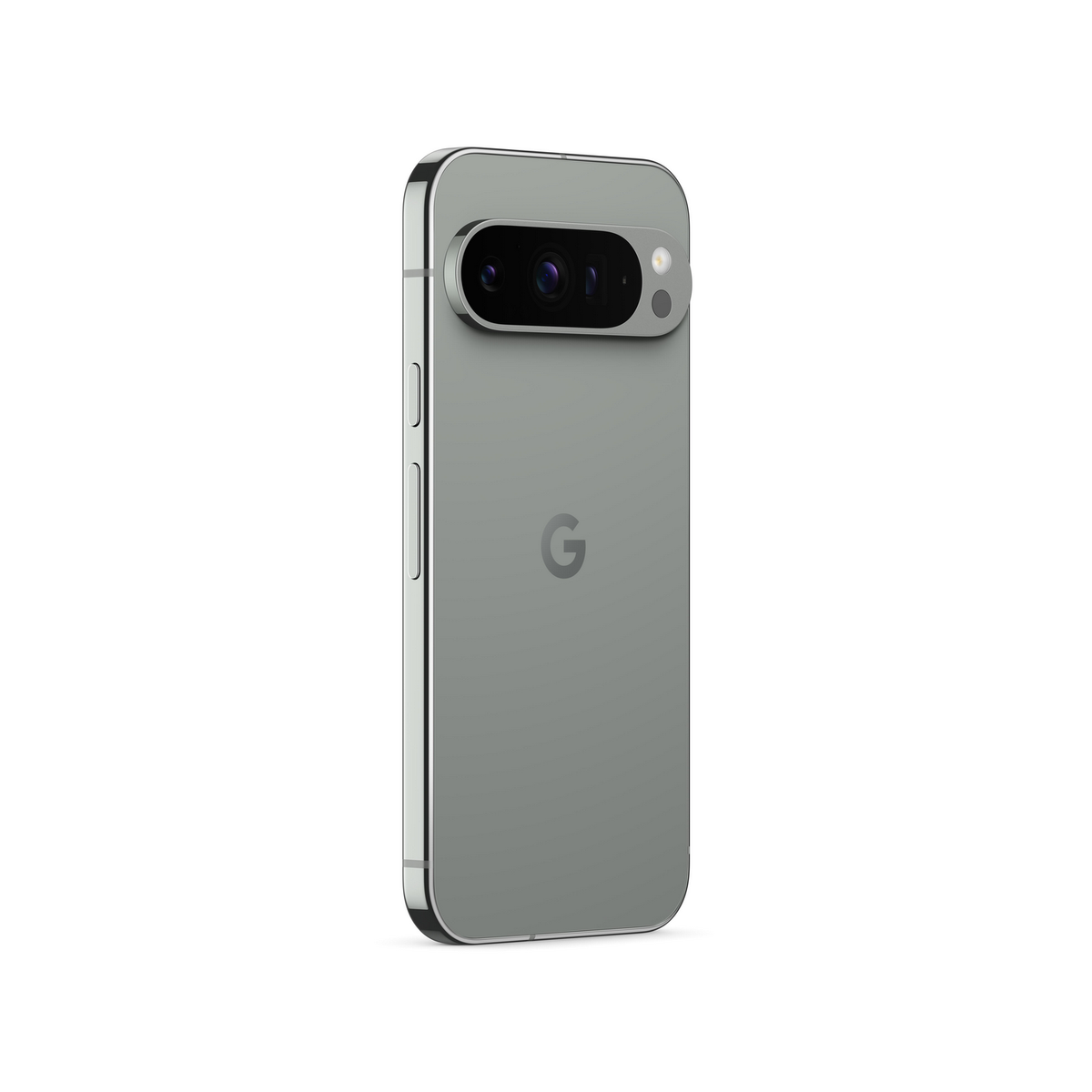Szary telefon Google Pixel, widok z tyłu, na białej powierzchni.