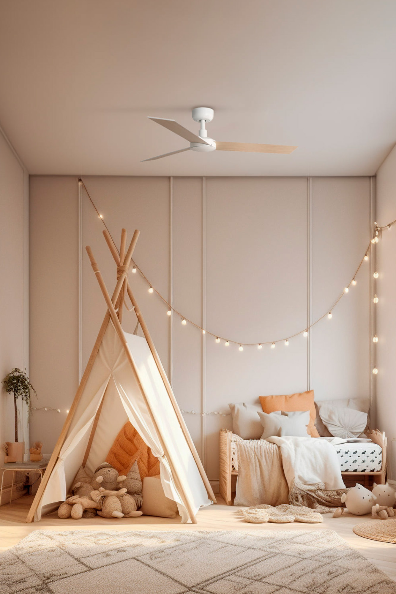 Gemütliches Kinderzimmer mit Tipi, Bett, Lichterkette und Deckenventilator.