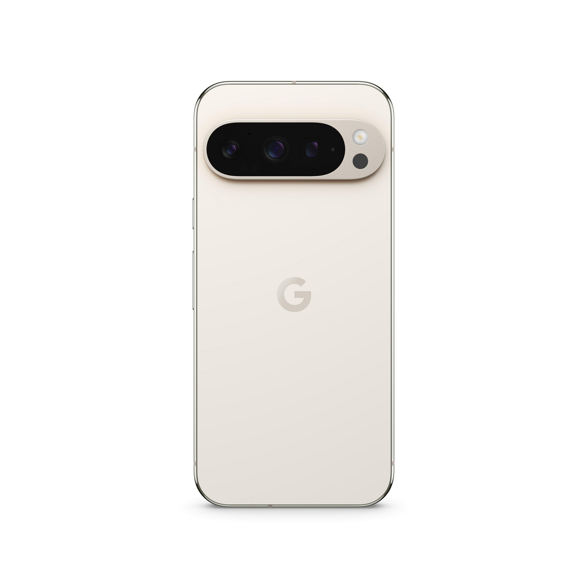 Telefon Google Pixel 7 Pro, kremowy tył, czarny pasek aparatu. Złota ramka. Białe tło.