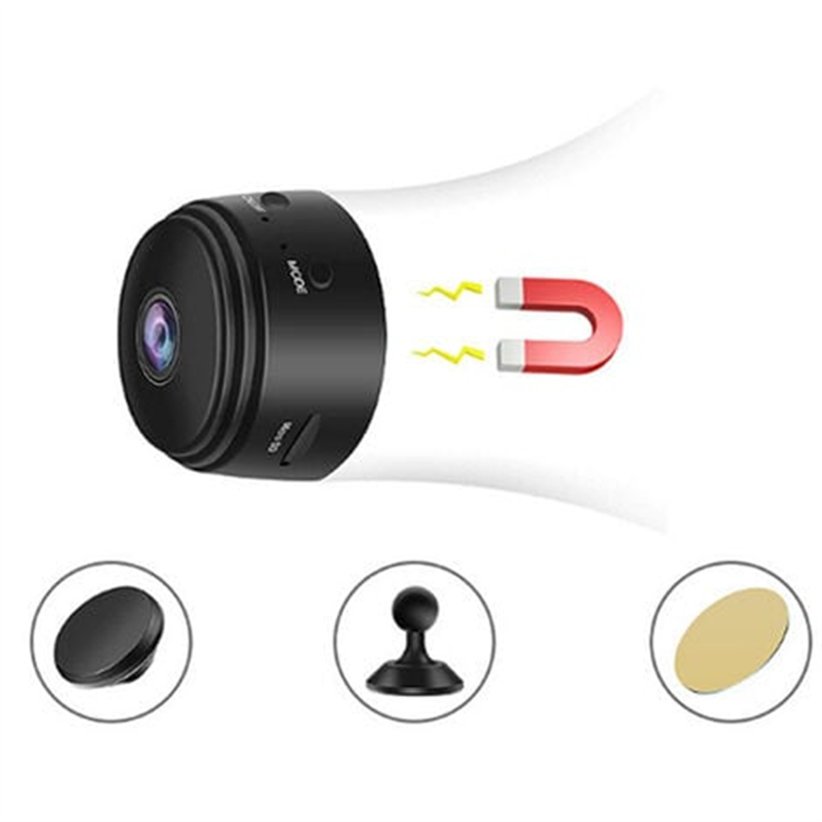 Schwarze Mini-Spionagekamera, Magnete und Montagezubehör. Isoliert auf Weiß.