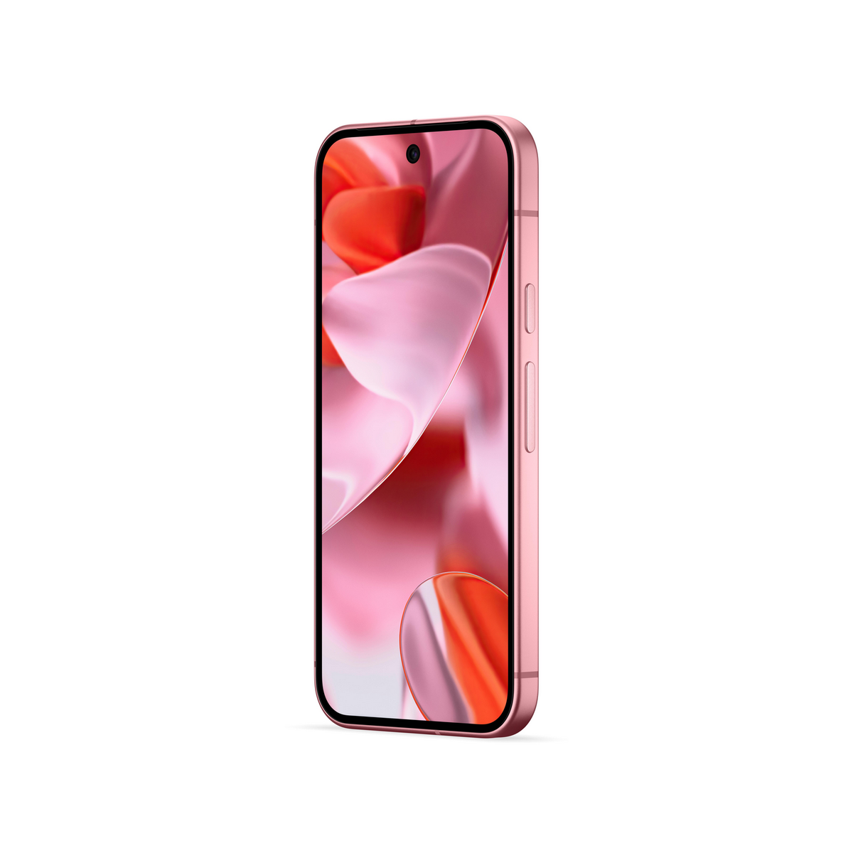 Różowy smartfon o zakrzywionym kształcie na białym tle.