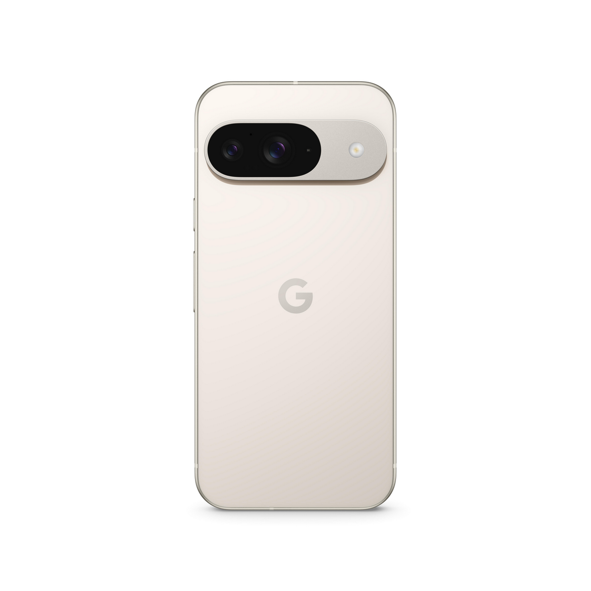 Kremowy telefon Google Pixel 7 ze srebrnym paskiem aparatu i białym tłem.