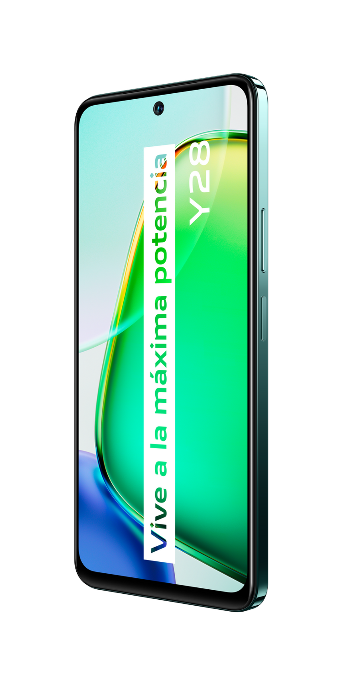 Uno smartphone turchese con schermo verde e oro che mostra testo.