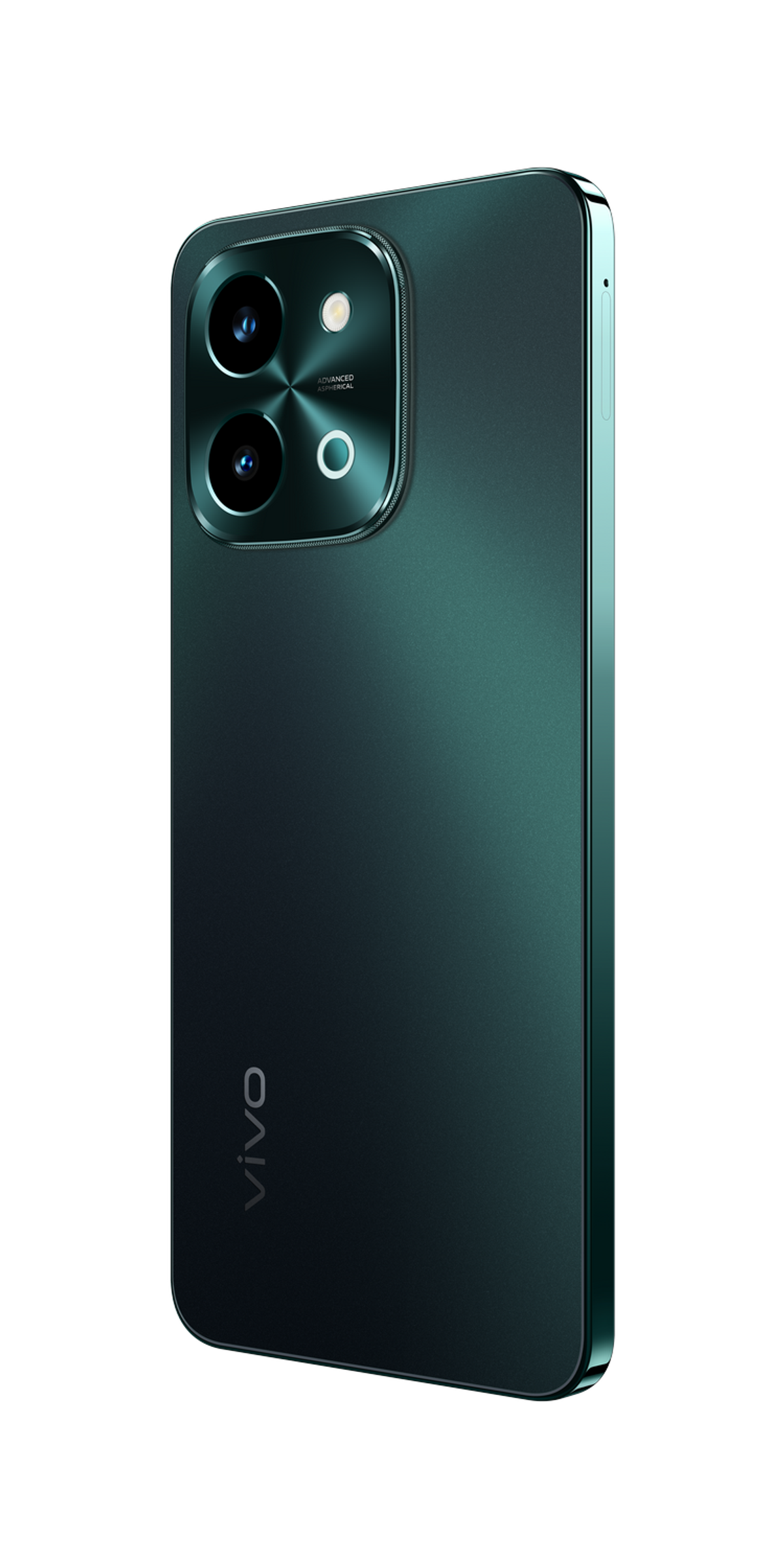 Smartphone verde scuro con sporgenza della fotocamera e logo Vivo. Sfondo nero.