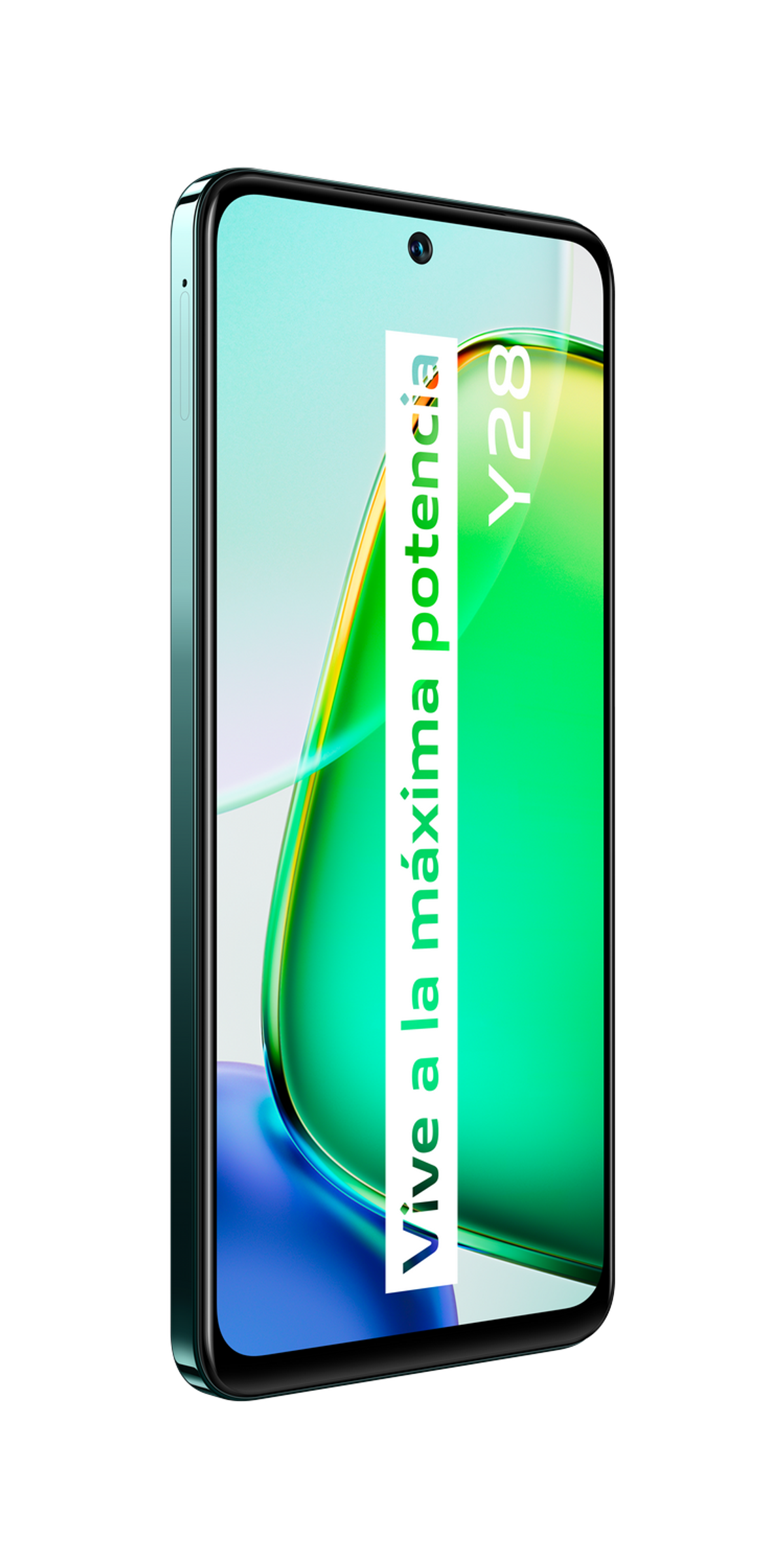 Uno smartphone blu-verde su sfondo nero, con un testo sul display.