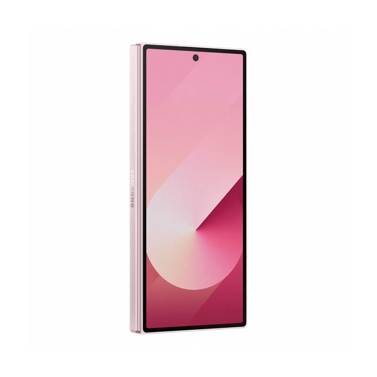 Ein gefaltetes rosa Smartphone mit dem Samsung-Logo an der Seite.